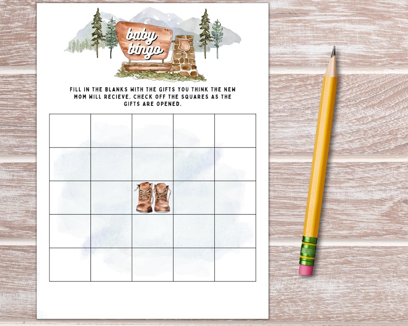 May include: A printable baby bingo card with a watercolor background featuring a mountain scene and a sign that says "baby bingo". The card has a 5x5 grid with blank squares for players to fill in with gifts they think the new mom will receive.