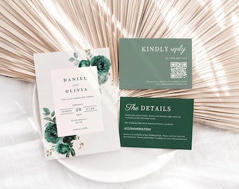 Bearbeitbares smaragdgrünes Hochzeitseinladungs-Set dunkelgrüne Blumenhochzeit laden mit QR-Code ein Waldgrüne Hochzeitseinladungs-Reihe Digital