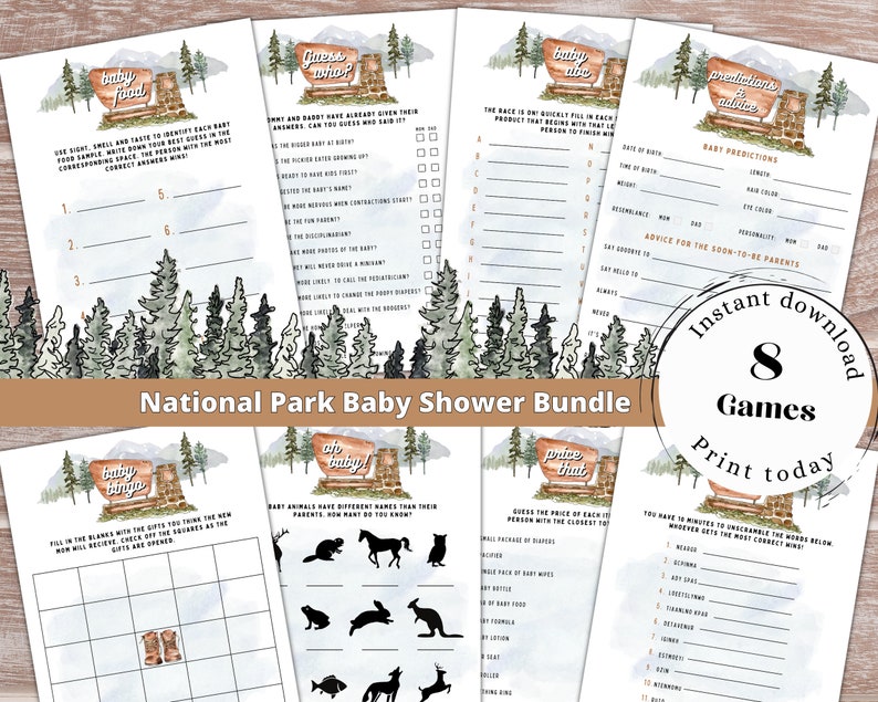 May include: A set of eight printable baby shower games with a national park theme. The games include "Baby Food Guess Who", "Baby Bingo", "Price That", "Baby Advice", "Predictions & Advice", and "Guess the Animal".