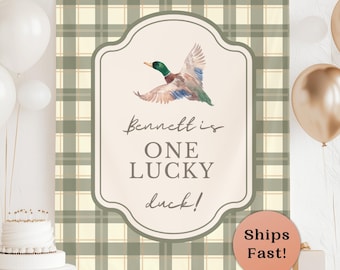 Mallard Duck Bday Decor Personalized First Birthday Duck Hanging Backdrop One Lucky Duck Banner Mallard Duck Theme Fabric Welcome Sign