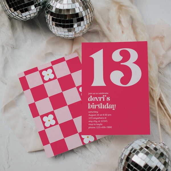 Editable 13th Birthday Invitation Girl Teen Birthday Invite Hot Pink Checker Invite Preppy Teen Birthday Party Retro 13th Party Invitation