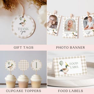 May include: A set of printable party decorations featuring a duck with a party hat and balloons. The set includes gift tags, cupcake toppers, a photo banner, and food labels. The decorations are in a brown and white gingham pattern.