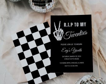 Editable RIP Twenties 30th Birthday Invitation Death To My Youth Party 30th Birthday Ideas Grunge RIP To My 20s Invite Black Checker Print