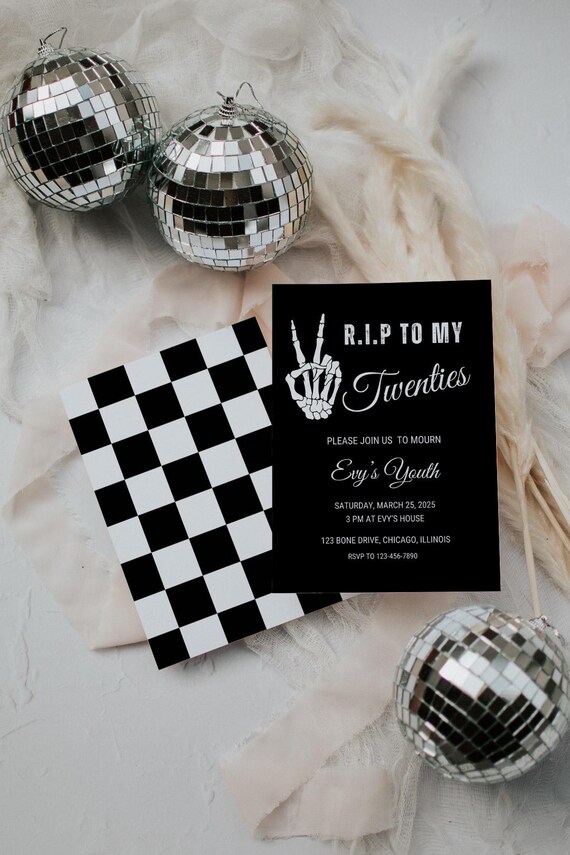 Editable RIP Twenties 30th Birthday Invitation Death To My Youth Party 30th Birthday Ideas Grunge RIP To My 20s Invite Black Checker Print