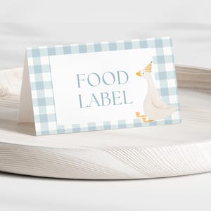 Modèle d'étiquette de nourriture One Silly Goose Blue Goose 1er anniversaire nourriture table Decor Silly Goose premier anniversaire marque-places Boy Goose thème anniversaire