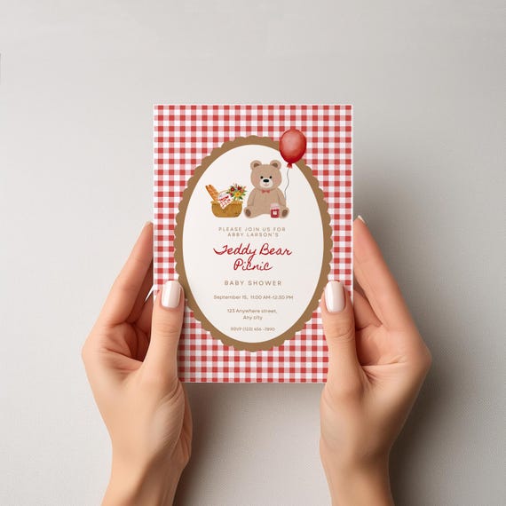 Editable Teddy Bear Picnic Baby Shower Invite Red Teddy Bear Theme Baby Shower Cottage Shower Gender Neutral Shower Ideas Retro Bear Baby