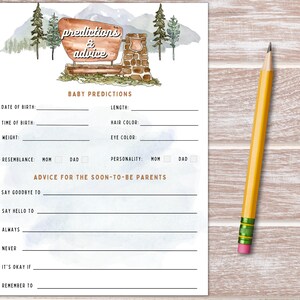 May include: A printable baby shower game card with a watercolor illustration of a mountain scene and a sign that says "predictions & advice". The card has sections for guests to write down their predictions for the baby's birth date, time, weight, length, hair color, eye color, resemblance to mom or dad, and personality. It also has a section for advice for the soon-to-be parents.