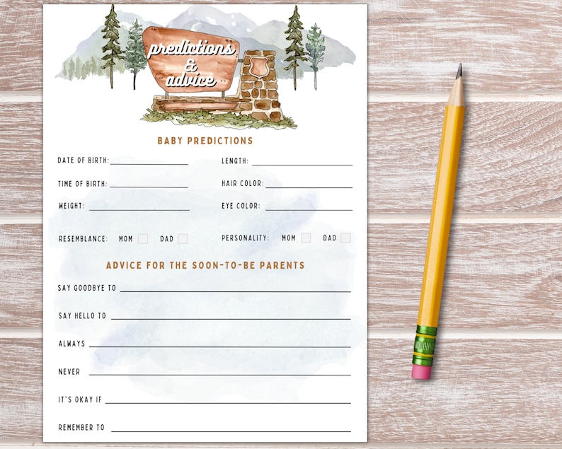 May include: A printable baby shower game card with a watercolor illustration of a mountain scene and a sign that says "predictions & advice". The card has sections for guests to write down their predictions for the baby's birth date, time, weight, length, hair color, eye color, resemblance to mom or dad, and personality. It also has a section for advice for the soon-to-be parents.
