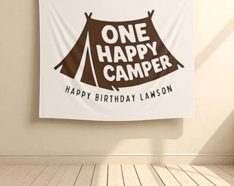 One Happy Camper Custom Banner Boy Camping 1st Birthday Photo Backdrop Wild One Decor Camping Theme Sign Adventure Awaits First Birthday