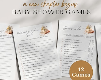 Könnte beinhalten: Ein Set mit 12 druckbaren Babyparty-Spielen mit einem Buch- und Blumendesign. Die Spiele beinhalten "Reim-Quiz" und "Errate wer?" mit Fragen zu den Eltern des Babys.