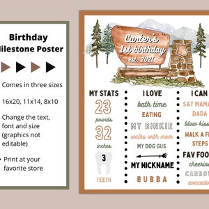 Może przedstawiać: Drukowany plakat z kamieniami milowymi urodzinowymi w stylu leśnym. Plakat zawiera tabliczkę z napisem "Carter's 1st Birthday est. 2021". Plakat zawiera r&oacute;wnież statystyki dziecka, takie jak waga, wzrost i liczba zęb&oacute;w. Plakat jest dostępny w trzech rozmiarach: 16x20, 11x14 i 8x10.