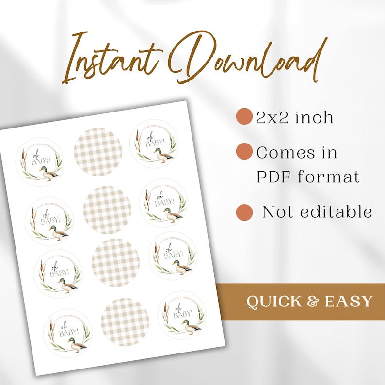 May include: Printable 2x2 inch baby shower stickers featuring a cute duckling design with the text "Oh Baby!" in a brown and green color scheme. The stickers are on a white background with a gingham pattern.