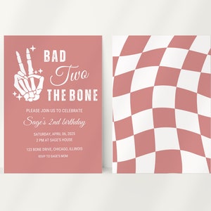 Editable Bad Two The Bone Girl 2nd Birthday Invitation Edgy Biker Theme Girl Second Birthday Biker 2nd Birthday Invitation Template Rose