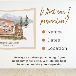 May include: A watercolor illustration of a mountain scene with a wooden sign that reads "Let the Adventure Begin!" and the text "[Name]'s Baby Shower August 13, 202X". The image is a printable design for a baby shower.