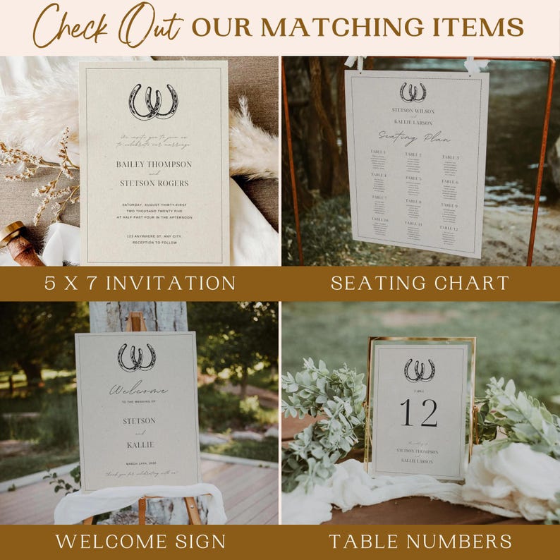 May include: A set of wedding stationery with a rustic theme. The invitation is 5x7 inches and features a horseshoe design. The seating chart, welcome sign, and table numbers all feature the same horseshoe design. The colors are beige, brown, and black.