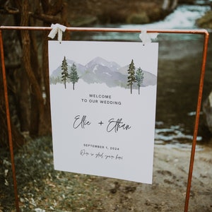 Modello modificabile di cartello di benvenuto per matrimonio in montagna Segno di matrimonio nella foresta Tema del bosco Segno di arredamento per ricevimento Parco nazionale Idee per matrimoni In riva al lago
