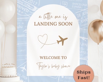 Little Traveler Baby Shower Backdrop Passport Theme Shower Fabric Sign Personalized Travel Shower Decor Airplane Pilot Baby Custom Banner