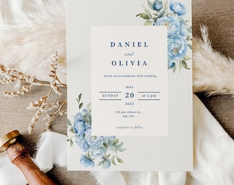 Editable Floral Dusty Blue Wedding Invitation Template Spring Wedding Ideas With Blue Flower Wedding Invite For Summer Wedding Pastel Blue