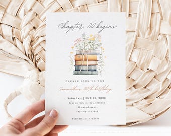 Editable Book Theme 30th Birthday For Her Book Lover Birthday Invitation Template Chapter 30 Begins Invite Storybook Birthday Book Club
