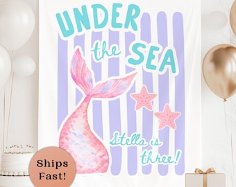 Mermaid 3rd Birthday Banner Under The Sea Party Decor Mermaid Birthday Decorations Girl Third Birthday Backdrop Ocean Theme