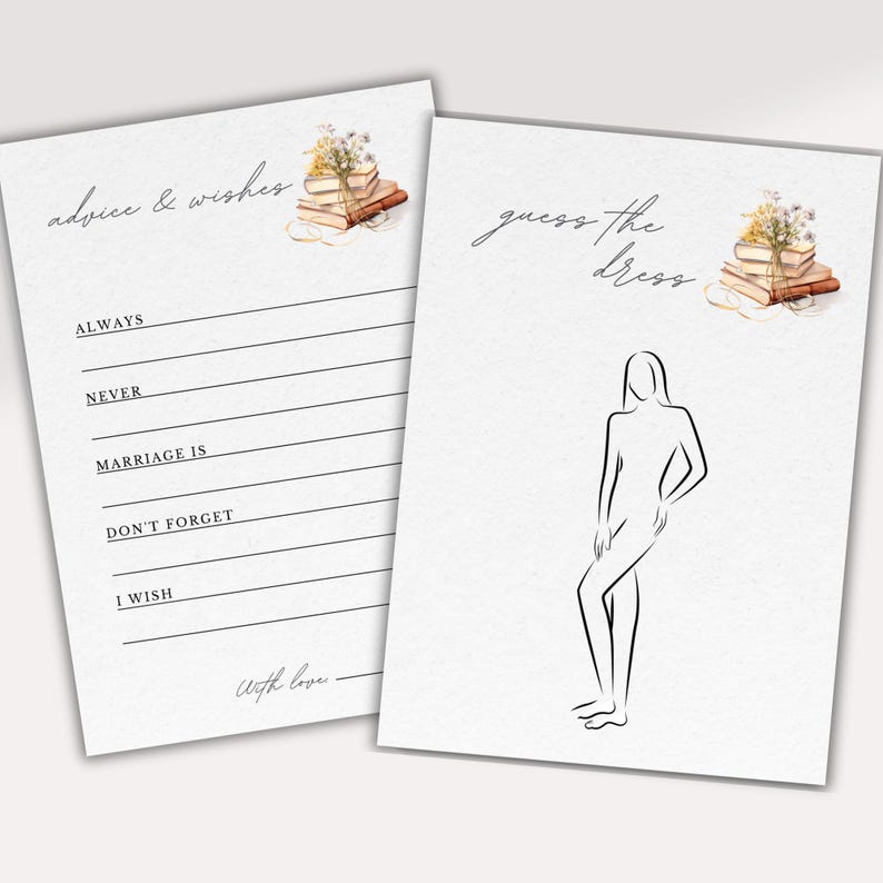 May include: Two cards for a wedding shower game. The left card has the text "advice & wishes!" and a list of prompts: "ALWAYS", "NEVER", "MARRIAGE IS", "DON'T FORGET", and "I WISH". The right card has the text "guess the dress" and a line drawing of a woman.
