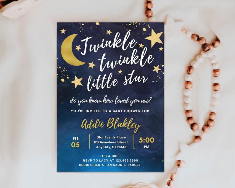 Editable Twinkle Little Star Baby Shower Invitation Stars Baby Shower Invitation Little Star Baby Shower Celestial Galaxy