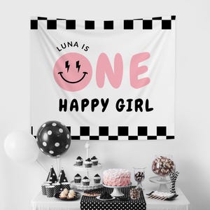 One Happy Girl Banner 1st Birthday Ideas Girl Personalized Birthday Banner Smiley Face Birthday Decor Checker Print Photo Backdrop Pink
