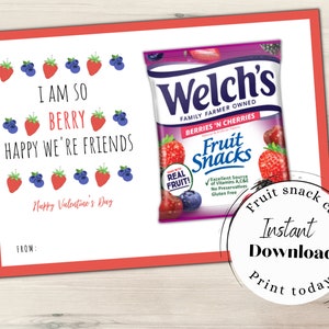 Afdrukbare Valentines Kid Fruit Snack Card, Berry Happy We're Friends, Kids Valentijnsdagkaart, Fruit Snacks Valentine, Classroom Exchange