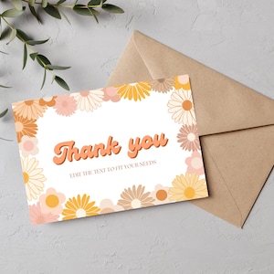 Cartão de agradecimento de aniversário editável Groovy Cartão de aniversário retrô com margaridas Cartão de agradecimento Groovy para chá de bebê Boho Daisy Cartão de agradecimento para chá de bebê