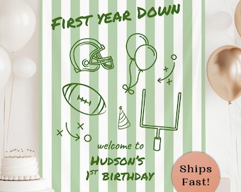 Football 1st Bday Hanging Backdrop Personalized First Year Down Theme Birthday Sign Custom First Down Banner Football Birthday Decor