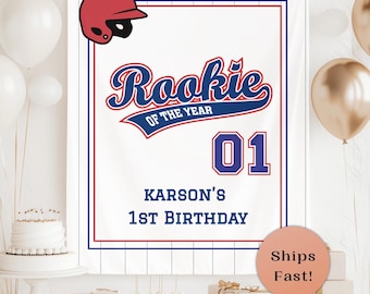Baseball 1st Birthday Banner Personalized Rookie Of The Year Baseball Birthday Welcome Sign Boy Sports Theme First Birthday Backdrop B56