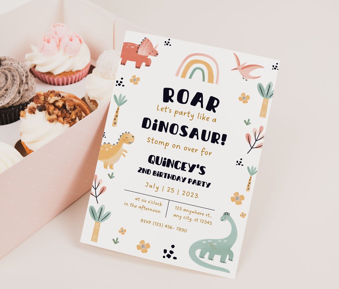 Editable Dinosaur Birthday Invitation Girl Dinosaur Birthday Etsy