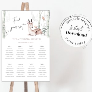 Bearbeitbare Winter Sitzplan Vorlage, Sofort Download, Winter Babyparty, Wald Babyparty, Finden Sie Ihren Sitzplatz, Tischzuweisung