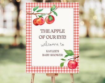 Letrero de bienvenida para baby shower de Apple Of Our Eye, ideas de género neutro para baby shower de otoño, decoración de baby shower de manzana, letrero rústico con chispas para bebé en otoño