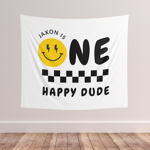 One Happy Dude Custom Birthday Banner Smiley Face Birthday Party Theme Black Checkered Print Cool Boy 1st Birthday Ideas Photo Backdrop
