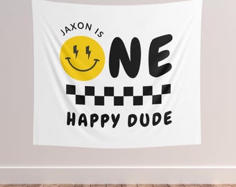 One Happy Dude Custom Birthday Banner Smiley Face Birthday Party Theme Black Checkered Print Cool Boy 1st Birthday Ideas Photo Backdrop