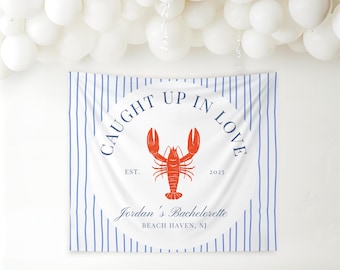 Caught Up In Love Bachelorette Party Banner Lobster Coastal Bach Custom Wall Tapestry East Coast Nantucket Backdrop Charleston Bach Decor