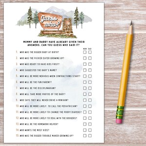 May include: A printable baby shower game with a watercolor background of mountains and trees. The game asks guests to guess who said it, with questions about the parents' experiences and expectations for their new baby.  The questions are listed with check boxes for guests to mark their answers.