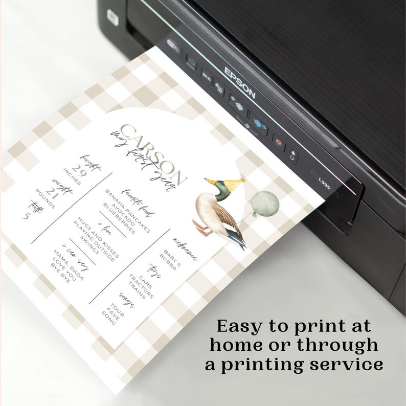 May include: A printable first birthday party invitation for a boy named Carson. The invitation features a brown and white gingham pattern, a watercolour illustration of a duck wearing a party hat, and a list of Carson's favourite foods, toys, and songs. The invitation also includes Carson's height and weight at one year old.