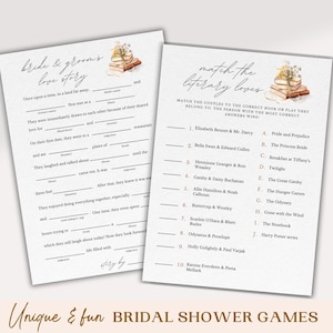 May include: Two printable bridal shower game cards with a watercolor illustration of a stack of books and flowers. The first card is a fill-in-the-blank "Bride & Groom's Love Story" game. The second card is a "Match the Literary Loves" game with a list of couples from literature and a list of books to match them to.