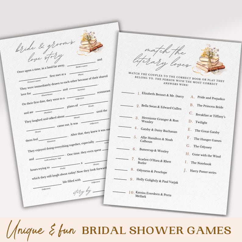 May include: Two printable bridal shower game cards with a watercolor illustration of a stack of books and flowers. The first card is a fill-in-the-blank "Bride & Groom's Love Story" game. The second card is a "Match the Literary Loves" game with a list of couples from literature and a list of books to match them to.