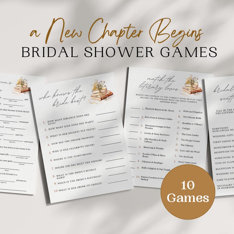 May include: A set of 10 printable bridal shower games with a literary theme. The games feature a watercolor illustration of a stack of books with flowers. The text "a New Chapter Begins" is written in gold lettering at the top of the page.