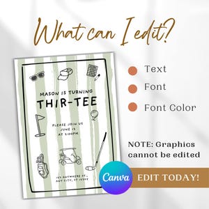 K&ouml;nnte beinhalten: Eine Einladung zum Thema Golf mit dem Text "MASON IS TURNING THIR-TEE". Die Einladung zeigt Golf-Illustrationen und den Text "PLEASE JOIN US JUNE 12 AT 2:00PM". Die Einladung ist mit einem gr&uuml;n-wei&szlig; gestreiften Hintergrund gestaltet.