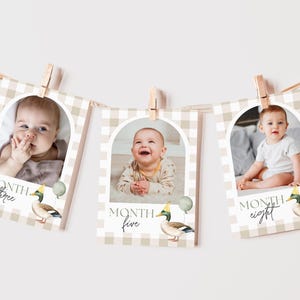 May include: Three baby milestone cards with a brown and white gingham pattern. Each card has a photo of a baby, a duck illustration, and the text "Month three", "Month five", and "Month eight".