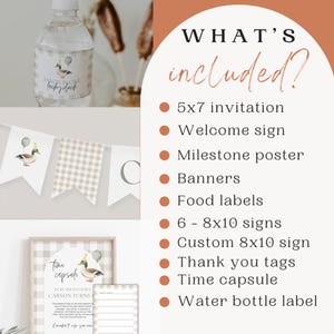 May include: A list of items included in a first birthday party package. The list includes a 5x7 invitation, welcome sign, milestone poster, banners, food labels, 6 - 8x10 signs, a custom 8x10 sign, thank you tags, a time capsule, and a water bottle label.