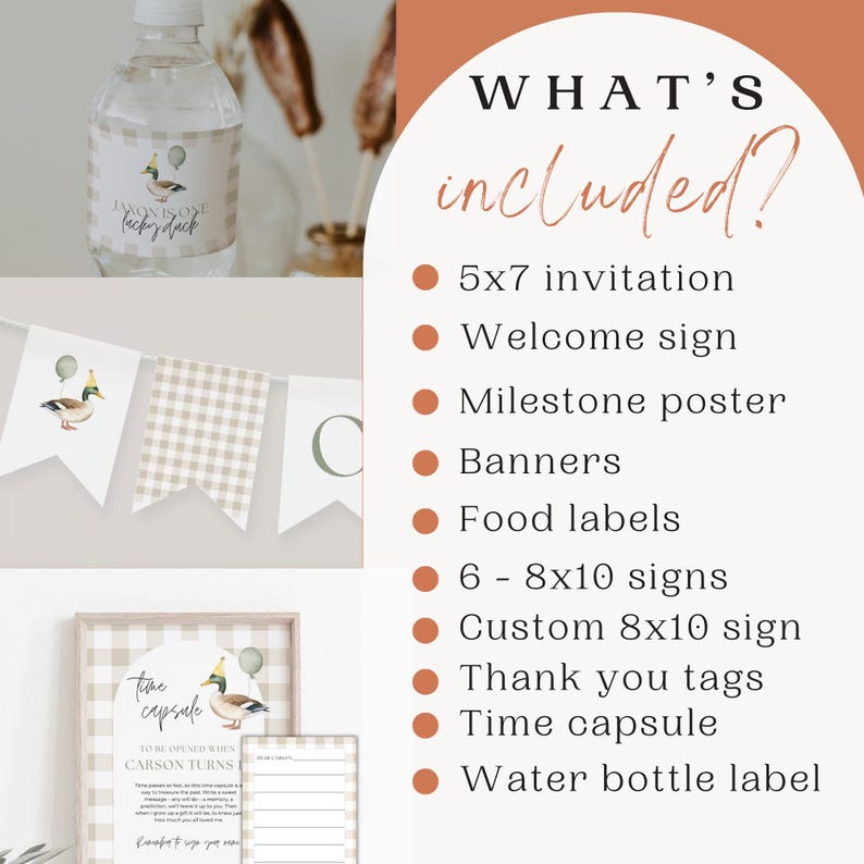 May include: A list of items included in a first birthday party package. The list includes a 5x7 invitation, welcome sign, milestone poster, banners, food labels, 6 - 8x10 signs, a custom 8x10 sign, thank you tags, a time capsule, and a water bottle label.