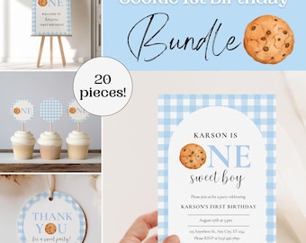 May include: A blue and white gingham pattern with a cookie-themed first birthday party invitation. The invitation says "Karson is One sweet boy" and includes a chocolate chip cookie graphic. The invitation also includes the text "Please join us for a party celebrating Karson's First Birthday, August 27th at 3 pm, 123 Anywhere St., Any City, ST 1234, Please RSVP at (123) 496-7890".