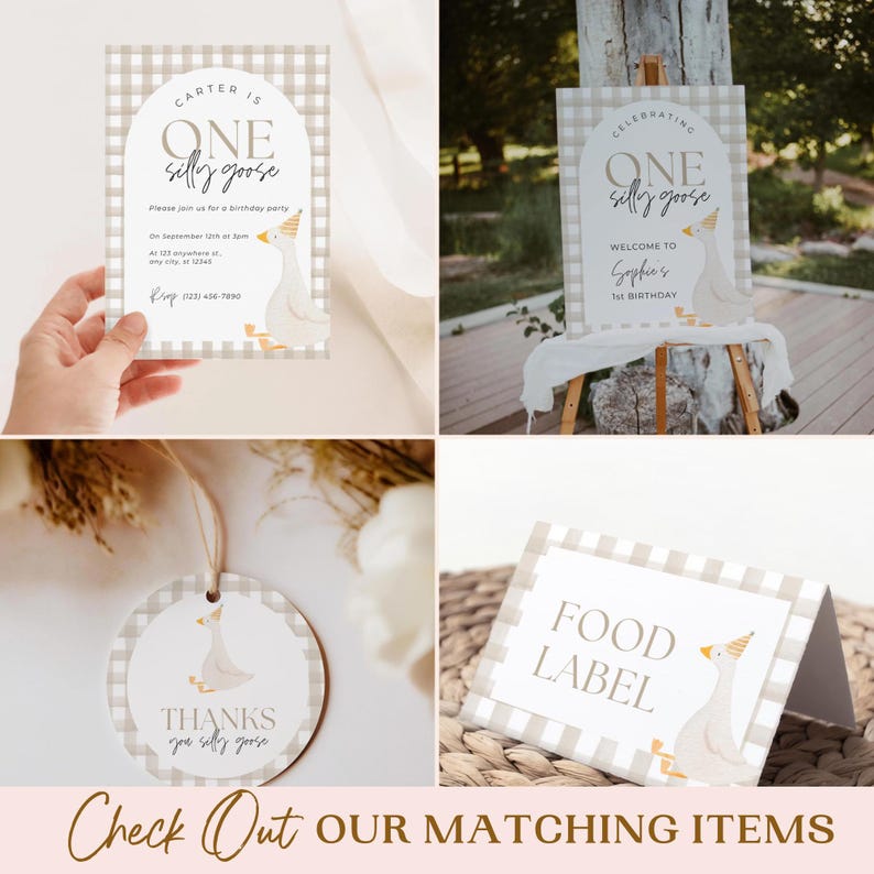 May include: A set of printable party decorations featuring a cute goose wearing a party hat. The decorations include a welcome sign, a food label, and a thank you tag. The decorations are designed in a brown and white gingham pattern.