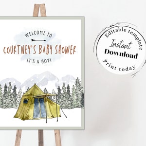 Editable Camping Welcome Sign, Three sizes, Camping Baby Shower, Adventure Awaits Baby Shower, Printable File