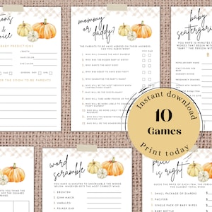 May include: Printable baby shower game cards featuring a fall theme with pumpkins and plaid patterns. The games include "Baby Predictions", "Mommy or Daddy", "Baby Scattergories", "Word Scramble", and "Price is Right".